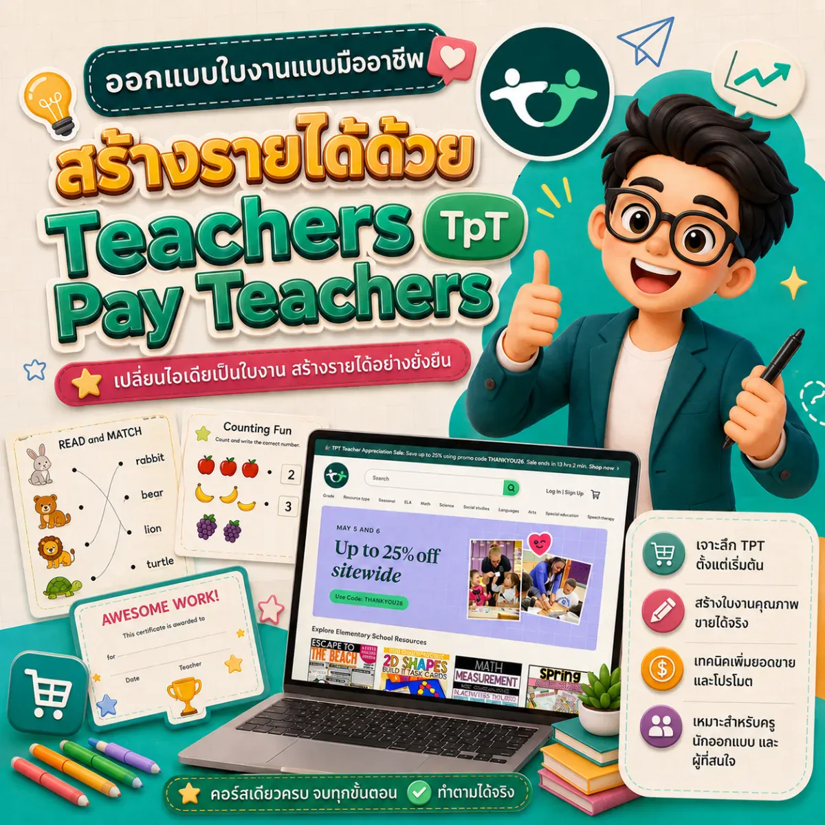 ออกแบบใบงานแบบมืออาชีพ Teachers Pay Teachers (TpT)